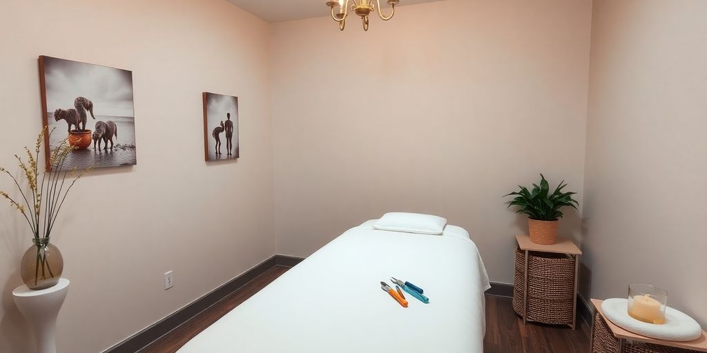 Therapieraum mit Behandlungstisch und beruhigender Atmosphäre.